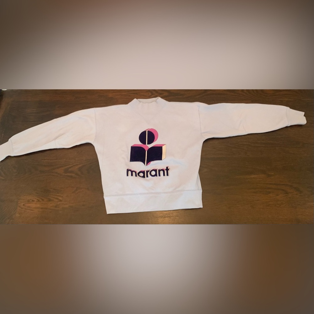 Isabel Marant women’s pale blue sweatshirt with Purple Logo. Size 36/small